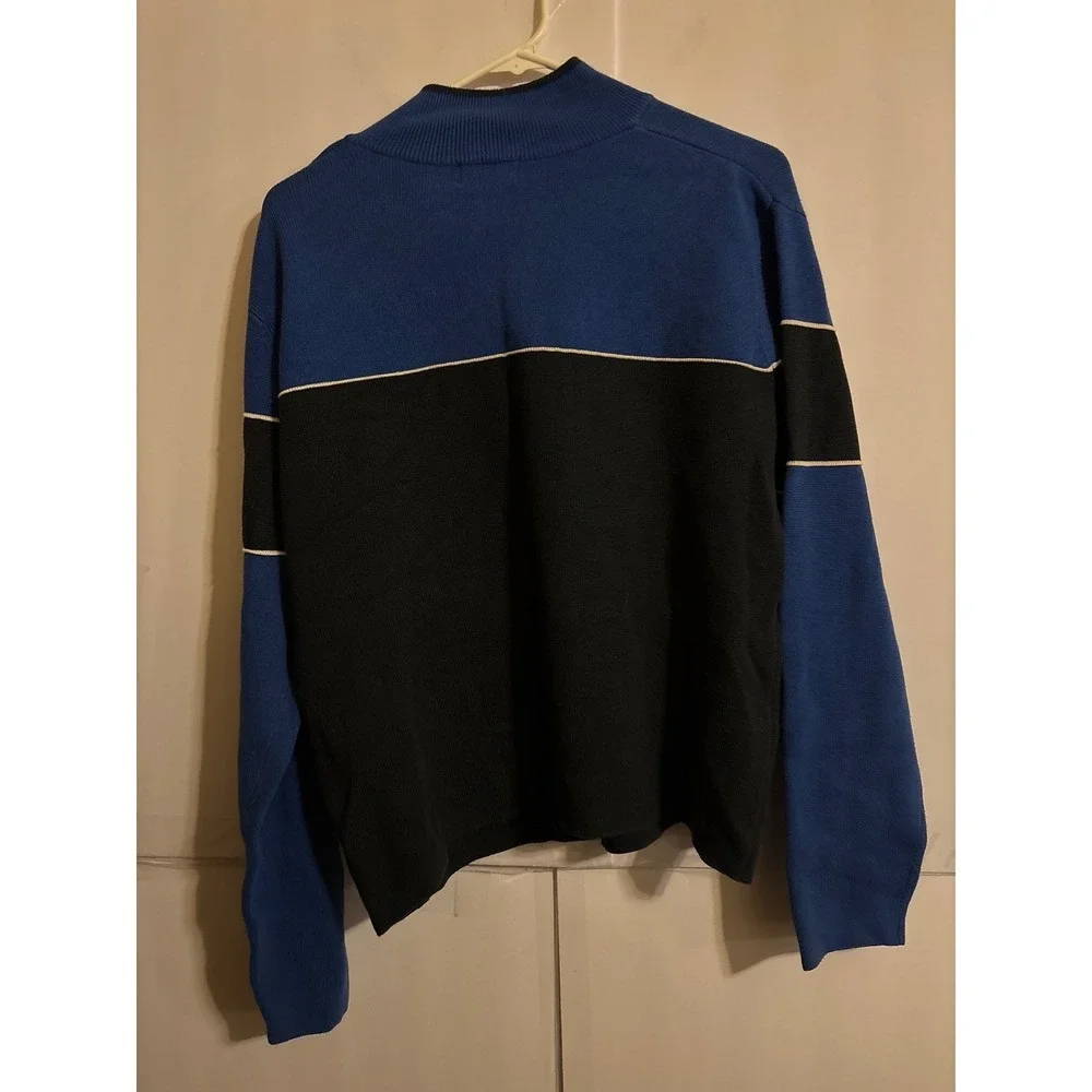 LL Bean Mens Colorblock Quarter Zip Pullover Sweater Blue Black‎ Cotton M REG
